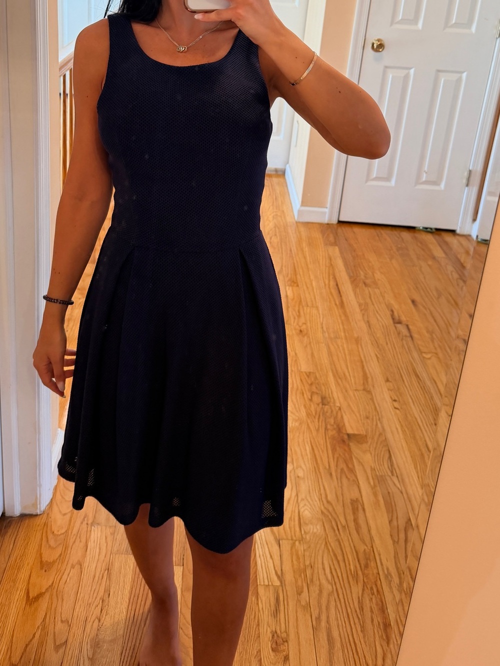Aqua Navy Textured Sleeveless Fit & Flare Mini Dress
